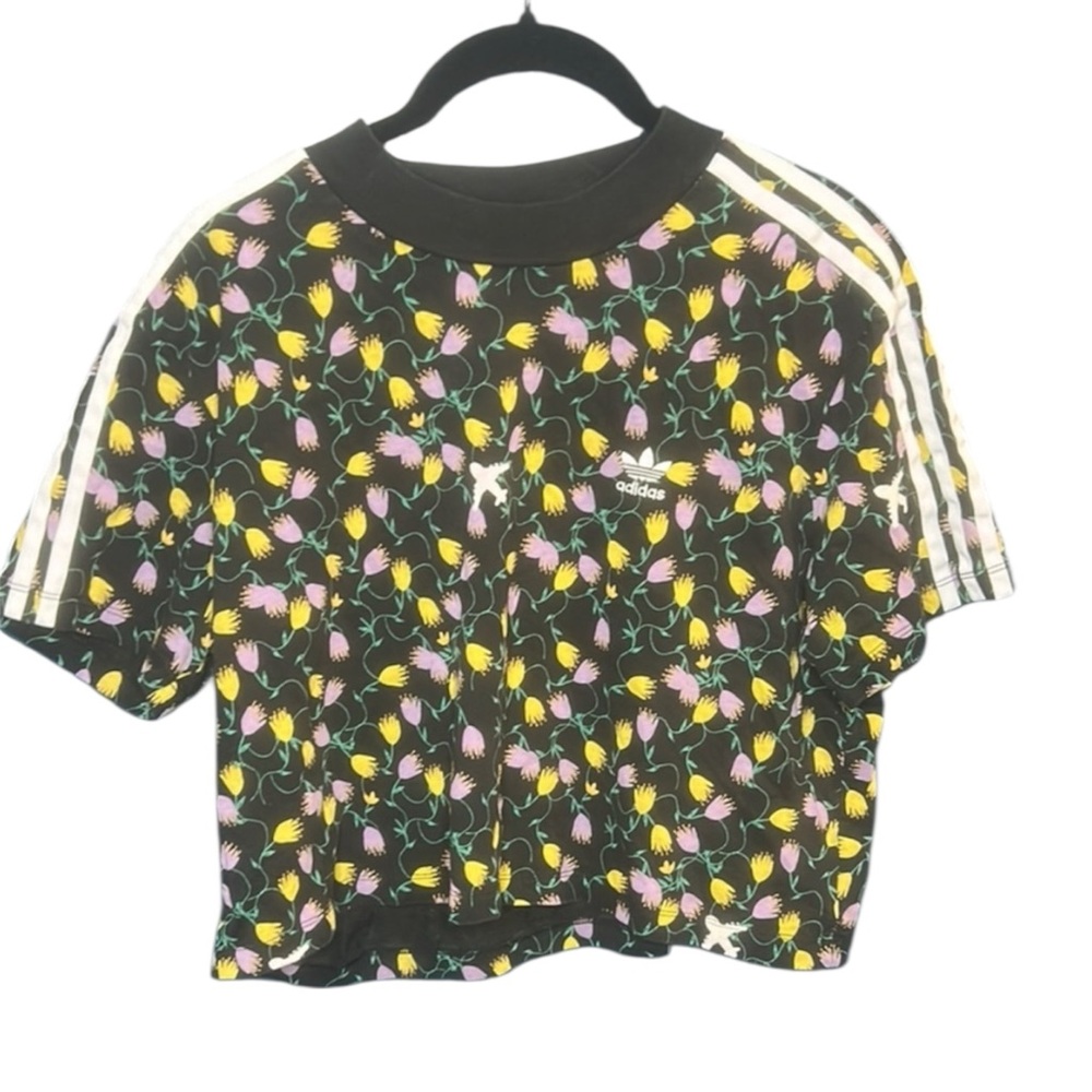 Adidas Black Crop Top with Floral Design